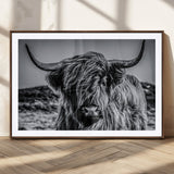97372-MGC-FP-36x24_Walnut-Elegant Highland Cow Wall Art – Black and White Canvas Print, Rustic Nature Decor for Home, Office, Living Room or Man Cave
