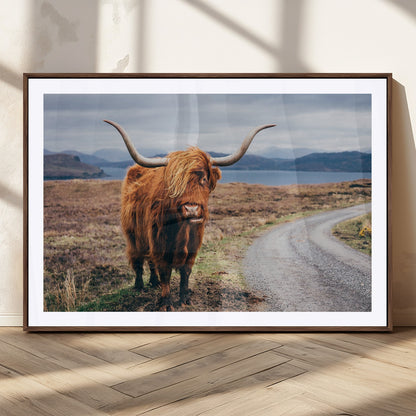 56121-MGC-FP-36x24_Walnut-Rustic Highland Cow Wall Art – Panoramic Nature Canvas Print, Perfect Decor for Home, Office, Living Room or Man Cave
