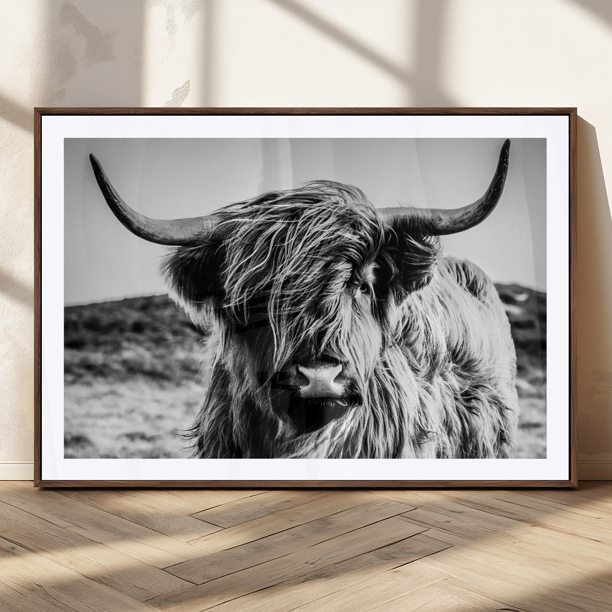 36979-MGC-FP-36x24_Walnut-Striking black-and-white portrait of a Highland cow with flowing fur and majestic horns, perfect for rustic and elegant home or