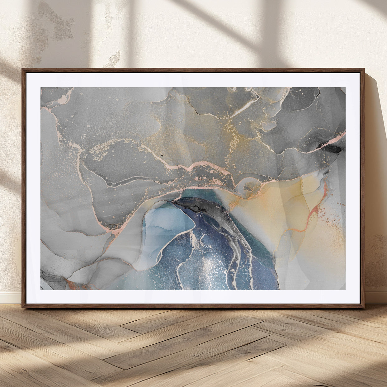 63211-MGC-FP-36x24_Walnut-Abstract Fluid Art Wall Decor – Blue, Gray & Gold Canvas Print, Modern Home and Office Wall Art Decor for Living Room, Bedroom or