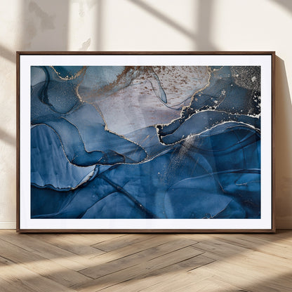 27810-MGC-FP-36x24_Walnut-Abstract Blue Gold Fluid Art Wall – Modern Canvas Print, Elegant Home & Office Wall Art, Stylish Living Room or Bedroom Decor