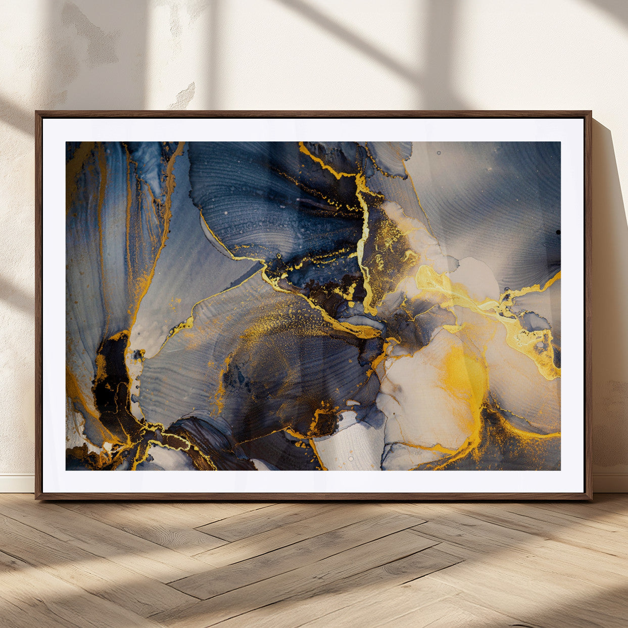 42100-MGC-FP-36x24_Walnut-Golden Flow Abstract Wall Art – Panoramic Modern Blue and Gold Canvas Print, Contemporary Artistic Decor for Home, Office