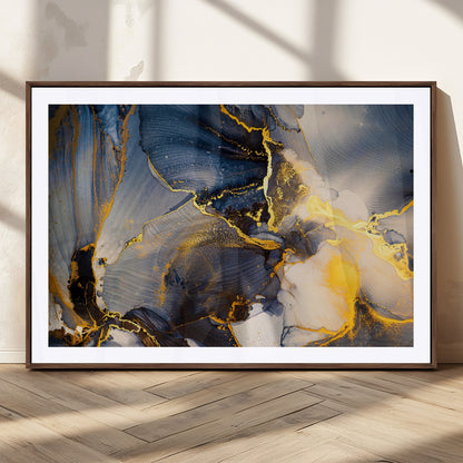42100-MGC-FP-36x24_Walnut-Golden Flow Abstract Wall Art – Panoramic Modern Blue and Gold Canvas Print, Contemporary Artistic Decor for Home, Office