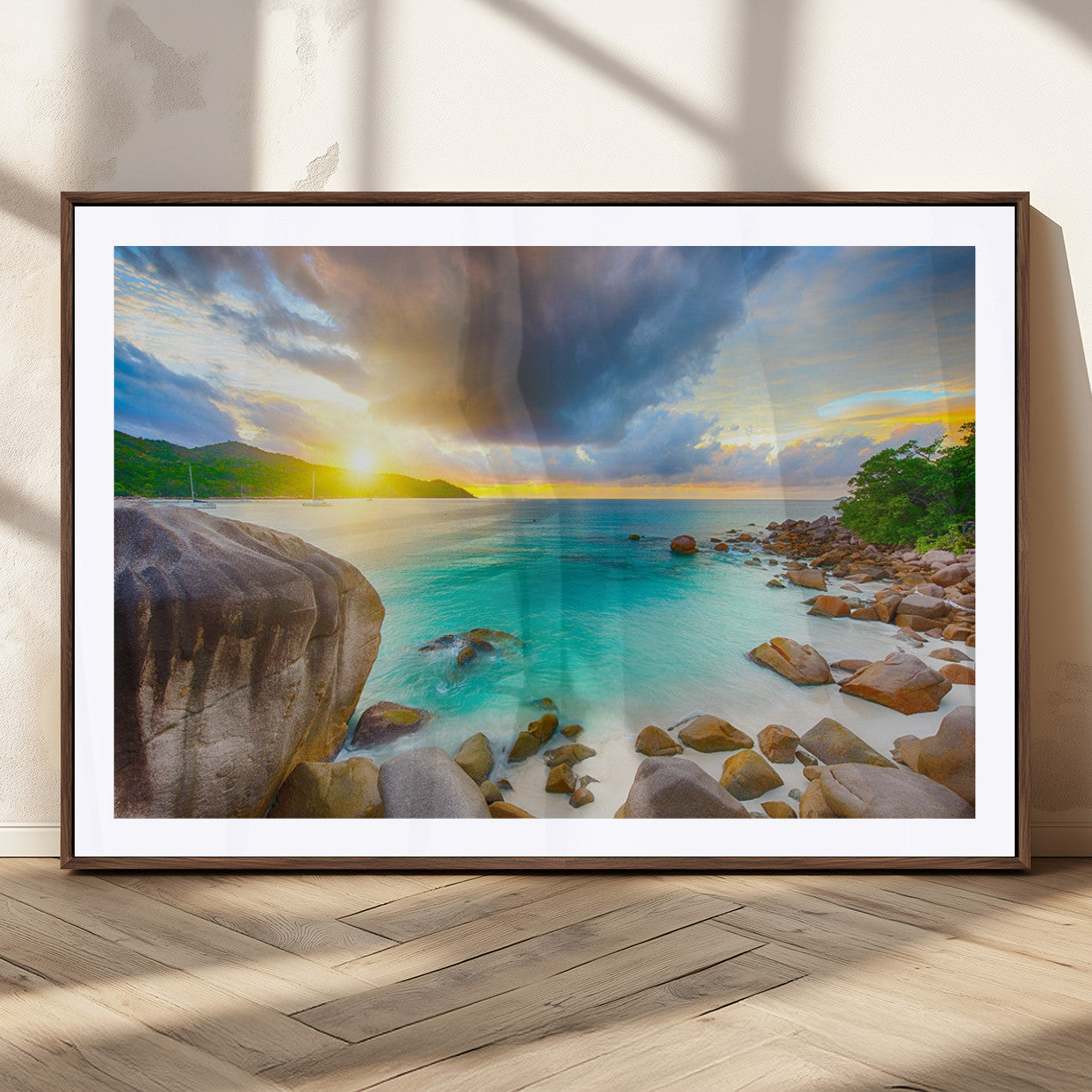 23769-MGV-CV-36X24-Tropical Beach Sunset Wall Art – Ocean Waves and Rocky Shore Canvas Print, Coastal Seascape Photography Decor