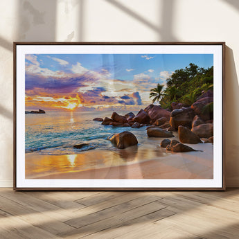 43209-MGC-FP-36x24_Walnut-Tropical Beach Sunset Wall Art – Golden Ocean Waves and Palm Trees with Rocky Shore Canvas Print, Coastal Seascape Decor for