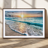 27815-MGC-FP-36x24_Walnut-Ocean Sunrise Beach Wall Art – Serene Coastal Canvas Print with Waves and Golden Morning Light, Relaxing Seascape Decor for