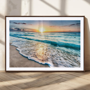 27815-MGC-FP-36x24_Walnut-Ocean Sunrise Beach Wall Art – Serene Coastal Canvas Print with Waves and Golden Morning Light, Relaxing Seascape Decor for