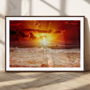 60211-MGC-FP-36x24_Walnut-Fiery Sunset Ocean Waves Canvas Print – Vibrant Red & Orange Coastal Wall Art, Dramatic Seascape Decor