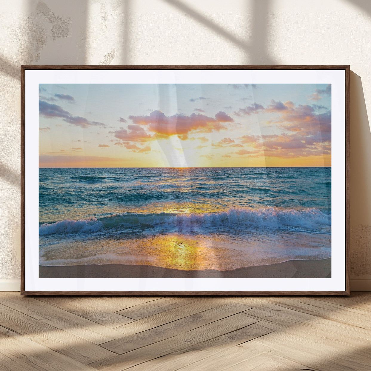 78006-MGV-CV-36X24-Golden Sunrise Ocean Wall Art – Panoramic Beach Waves Canvas Print, Coastal Seascape Artwork for Living Room, Bedroom, Office, or