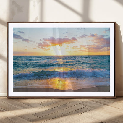 78006-MGV-CV-36X24-Golden Sunrise Ocean Wall Art – Panoramic Beach Waves Canvas Print, Coastal Seascape Artwork for Living Room, Bedroom, Office, or