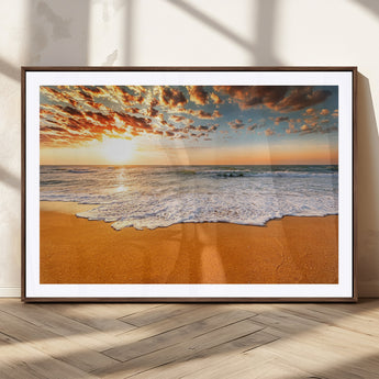 15399-MGV-CV-36X24-Golden Sunrise Beach Wall Art – Ocean Waves on Sandy Shore Canvas Print, Coastal Seascape Decor for Living Room or Bedroom