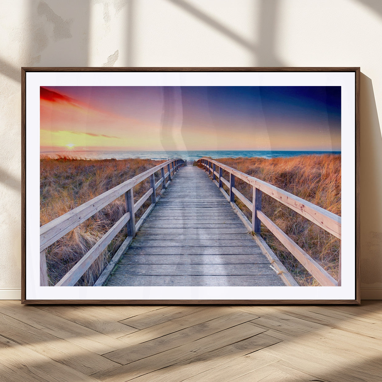 60625-MGV-CV-36X24-Beach Boardwalk Sunrise Wall Art – Coastal Pathway to Ocean Canvas Print, Seaside Landscape Decor for Home or Office