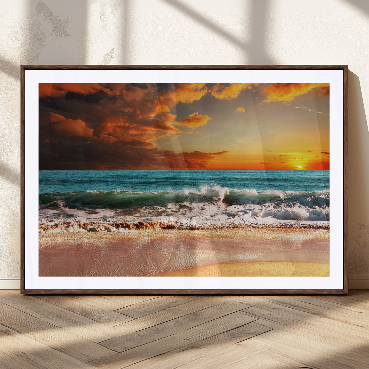 72948-MGV-CV-36X24-Ocean Sunset Wave Wall Art – Dramatic Seascape Canvas Print with Golden Sky and Crashing Waves, Coastal Beach Decor for Living