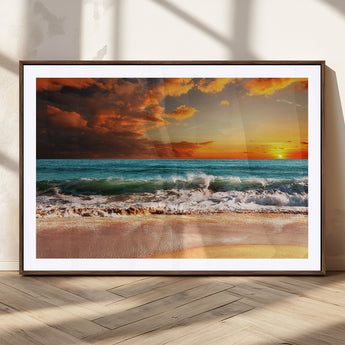 72948-MGV-CV-36X24-Ocean Sunset Wave Wall Art – Dramatic Seascape Canvas Print with Golden Sky and Crashing Waves, Coastal Beach Decor for Living