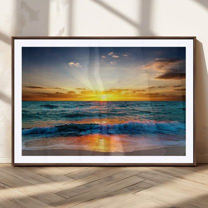 50627-MGV-CV-36X24-Ocean Sunset Wall Art – Serene Beach Canvas Print with Waves and Golden Sky, Coastal Decor for Living Room or Office