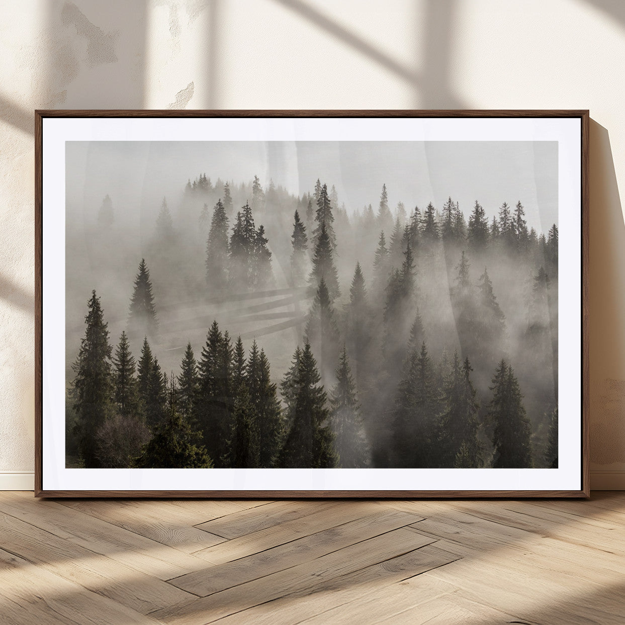 62862-MGV-CV-36X24-Misty Forest Wall Art – Tranquil Pine Tree Canvas Print with Mountain Fog, Nature Landscape Artwork for Living Room, Bedroom, or