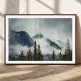 93219-MGC-FP-36x24_Walnut-Misty Mountain Wall Art – Foggy Pines and Rocky Peaks Canvas Print, Nature Landscape Decor for Living Room, Office or Bedroom