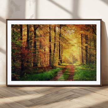 73494-MGC-FP-36x24_Walnut-Golden Autumn Forest Path Wall Art – Sunlit Woodland Canvas Print, Fall Nature Landscape Home Decor