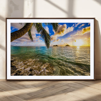 68606-MGC-FP-36x24_Walnut-Tropical Palm Tree Ocean Wall Art – Sunset Beach Seascape Print, Coastal Paradise Decor for Living Room or Office