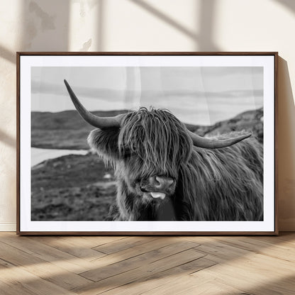 83810-MGC-FP-36x24_Walnut-Highland Cow Wall Art – Black and White Highland Cattle Print, Rustic Farmhouse Animal Decor for Living Room or Office