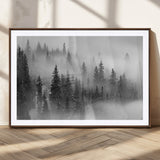 57235-MGC-FP-36x24_Walnut-Misty Pine Forest Wall Art – Black and White Mountain Landscape Canvas Print, Nature Woodland Decor for Living Room, Bedroom or