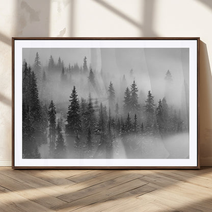 57235-MGV-CV-36X24-Misty Pine Forest Wall Art – Black and White Mountain Landscape Canvas Print, Nature Woodland Decor for Living Room, Bedroom or