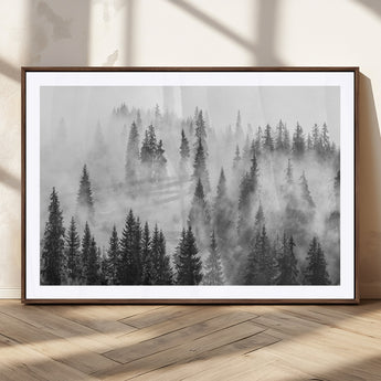 10422-MGC-FP-36x24_Walnut-Misty Pine Forest Wall Art – Black and White Foggy Landscape Canvas Print, Serene Nature Woodland Decor for Bedroom, Office or
