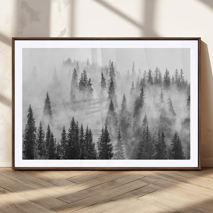 10422-MGC-FP-36x24_Walnut-Misty Pine Forest Wall Art – Black and White Foggy Landscape Canvas Print, Serene Nature Woodland Decor for Bedroom, Office or