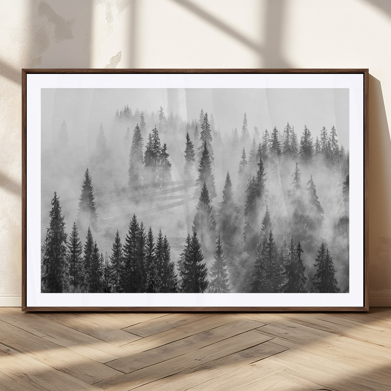 10422-MGC-FP-36x24_Walnut-Misty Pine Forest Wall Art – Black and White Foggy Landscape Canvas Print, Serene Nature Woodland Decor for Bedroom, Office or