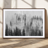 10422-MGC-FP-36x24_Walnut-Misty Pine Forest Wall Art – Black and White Foggy Landscape Canvas Print, Serene Nature Woodland Decor for Bedroom, Office or