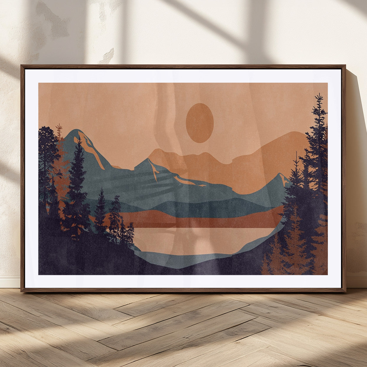 62795-MGC-FP-36x24_Walnut-Minimalist Mountain Landscape Wall Art – Abstract Sunset Over Peaks and Pine Trees Canvas Print, Modern Nature Decor for Living
