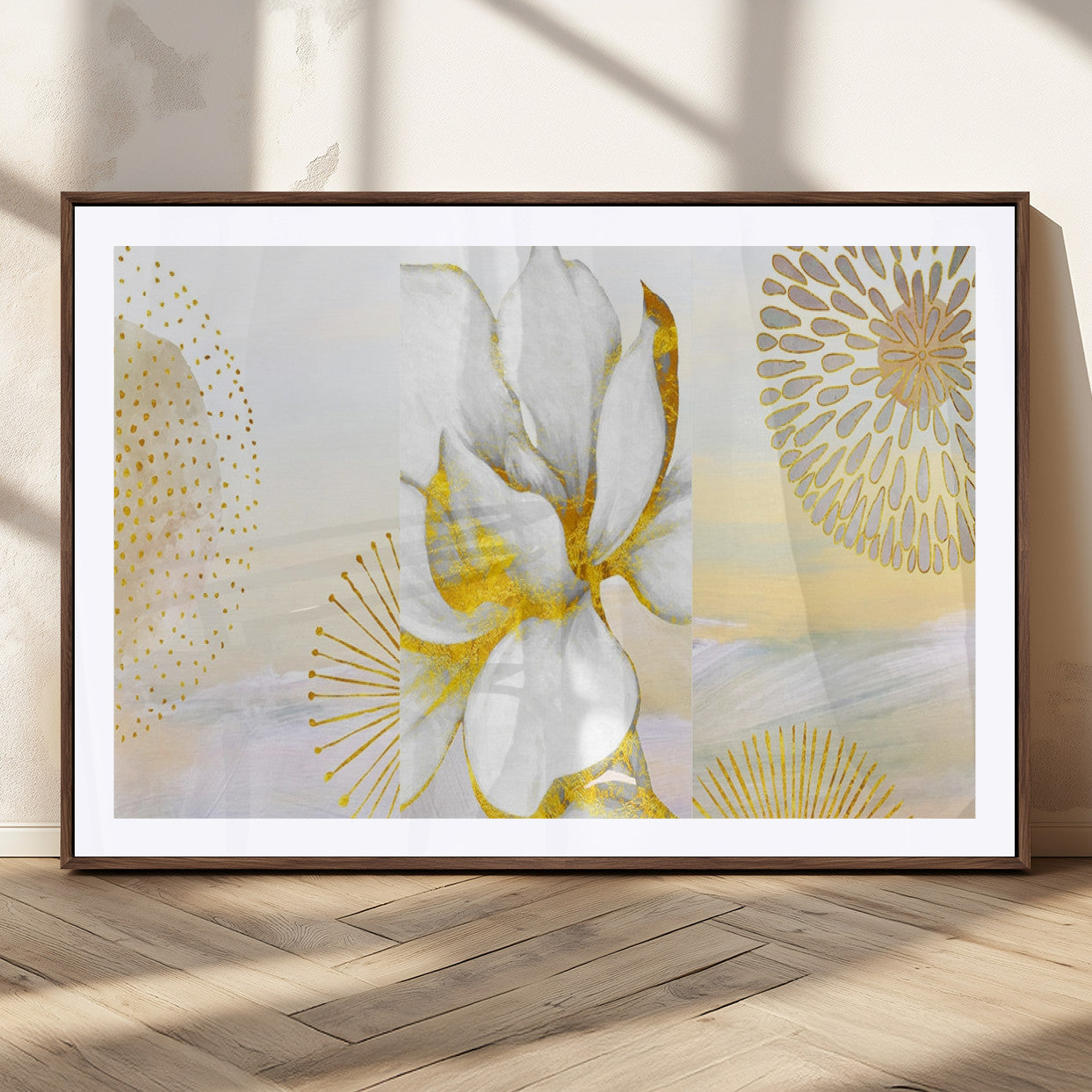 82301-MGC-FP-36x24_Walnut-Modern Floral Wall Art – White Flower with Gold Detailing Canvas Print, Elegant Abstract Artwork for Living Room, Bedroom, or