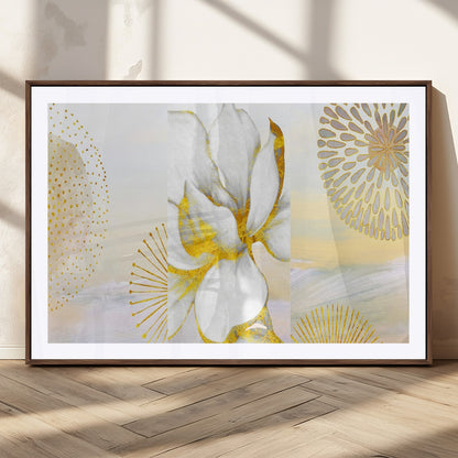 82301-MGC-FP-36x24_Walnut-Modern Floral Wall Art – White Flower with Gold Detailing Canvas Print, Elegant Abstract Artwork for Living Room, Bedroom, or
