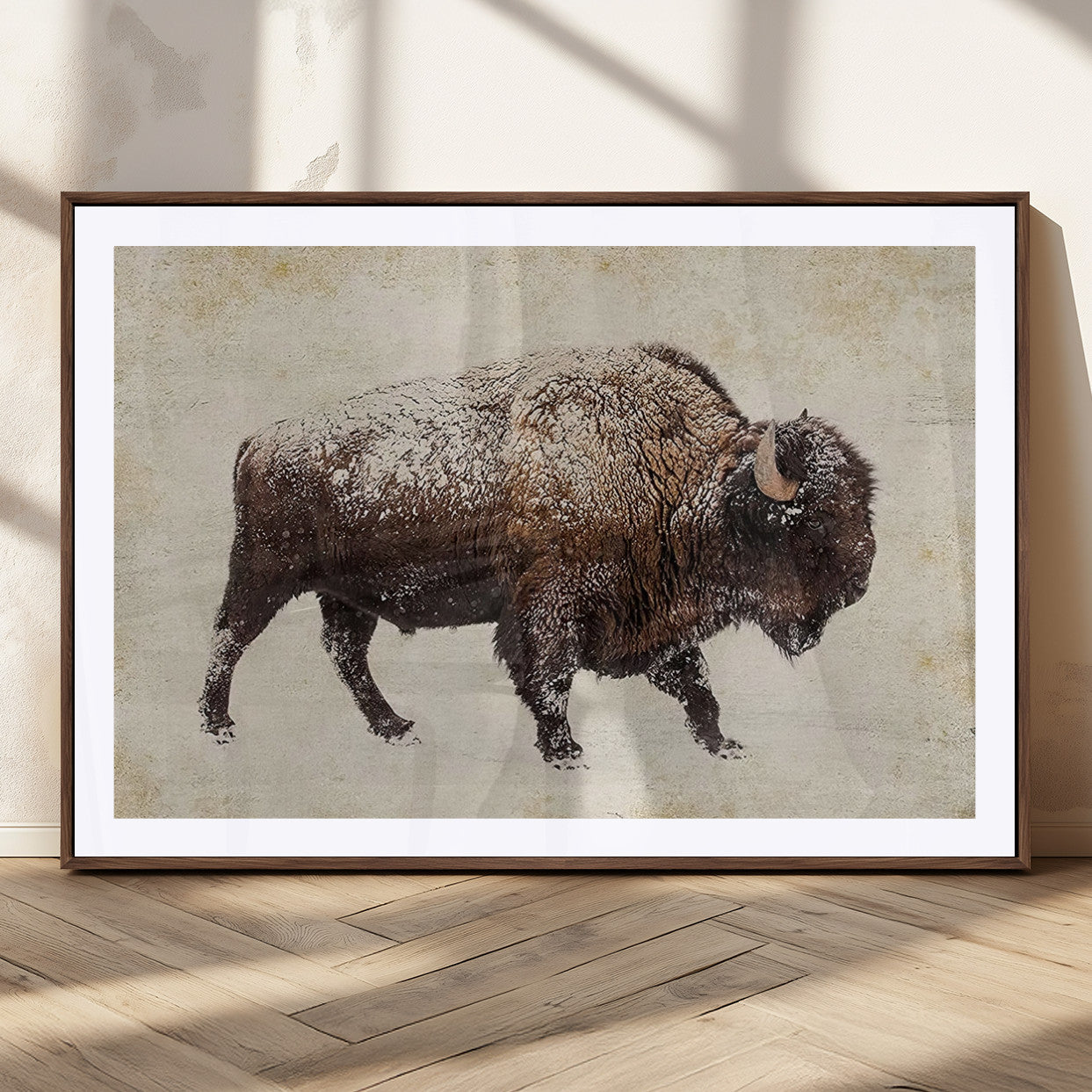 72107-MGV-CV-36X24-Snow Buffalo Wall Art – Rustic Bison Canvas Print with Vintage Winter Texture, Western Wildlife Photography Decor for Cabin,