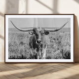 77320-MGV-CV-36X24-Texas Longhorn Wall Art – Black and White Western Cattle Canvas Print, Rustic Farmhouse Animal Photography Decor for Living Room,