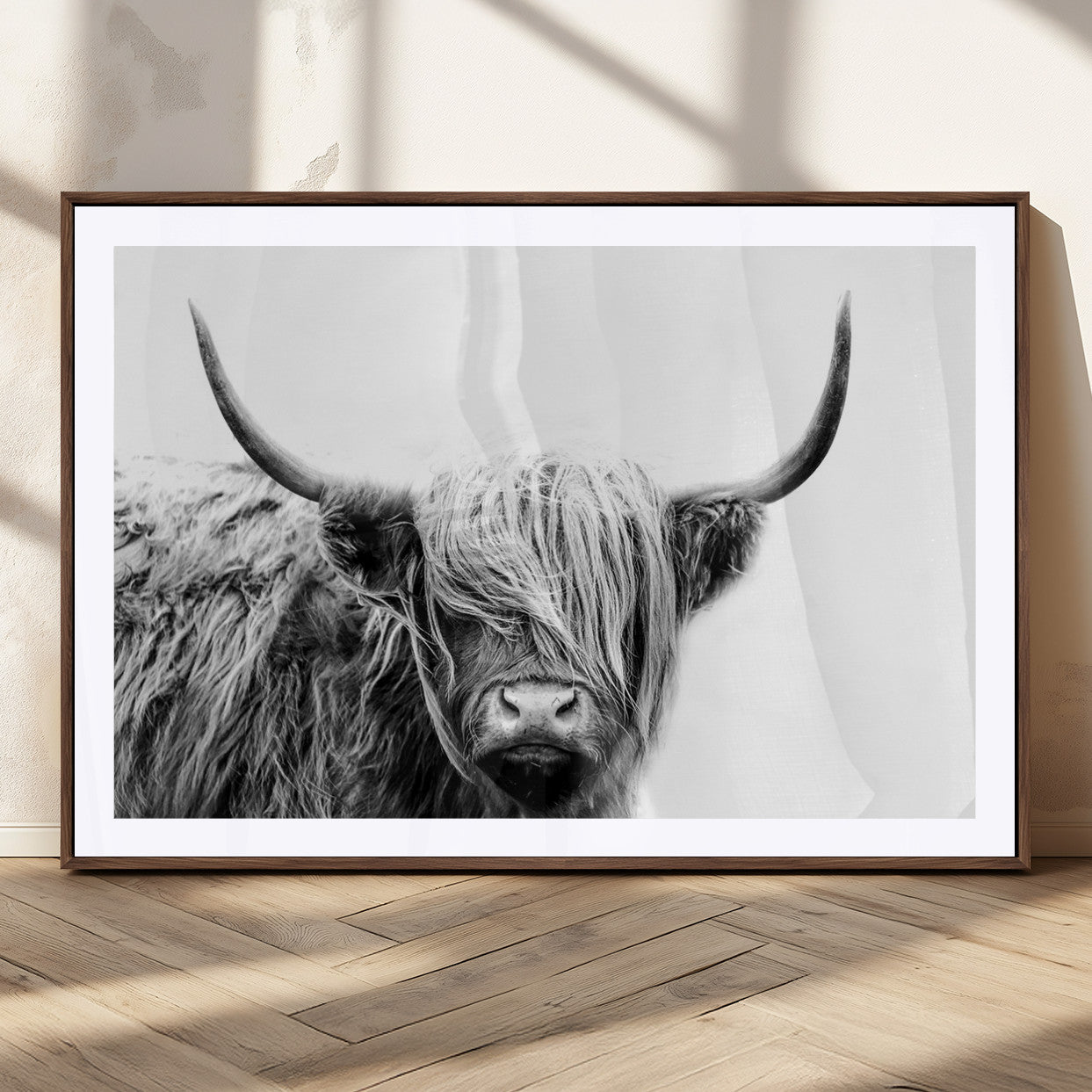 51957-MGC-FP-36x24_Walnut-Highland Cow Wall Art – Black and White Scottish Highland Bull Canvas Print, Rustic Farmhouse Animal Decor for Living Room,
