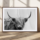 51957-MGC-FP-36x24_Walnut-Highland Cow Wall Art – Black and White Scottish Highland Bull Canvas Print, Rustic Farmhouse Animal Decor for Living Room,
