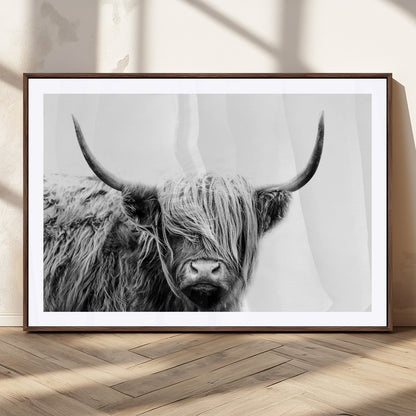 51957-MGC-FP-36x24_Walnut-Highland Cow Wall Art – Black and White Scottish Highland Bull Canvas Print, Rustic Farmhouse Animal Decor for Living Room,
