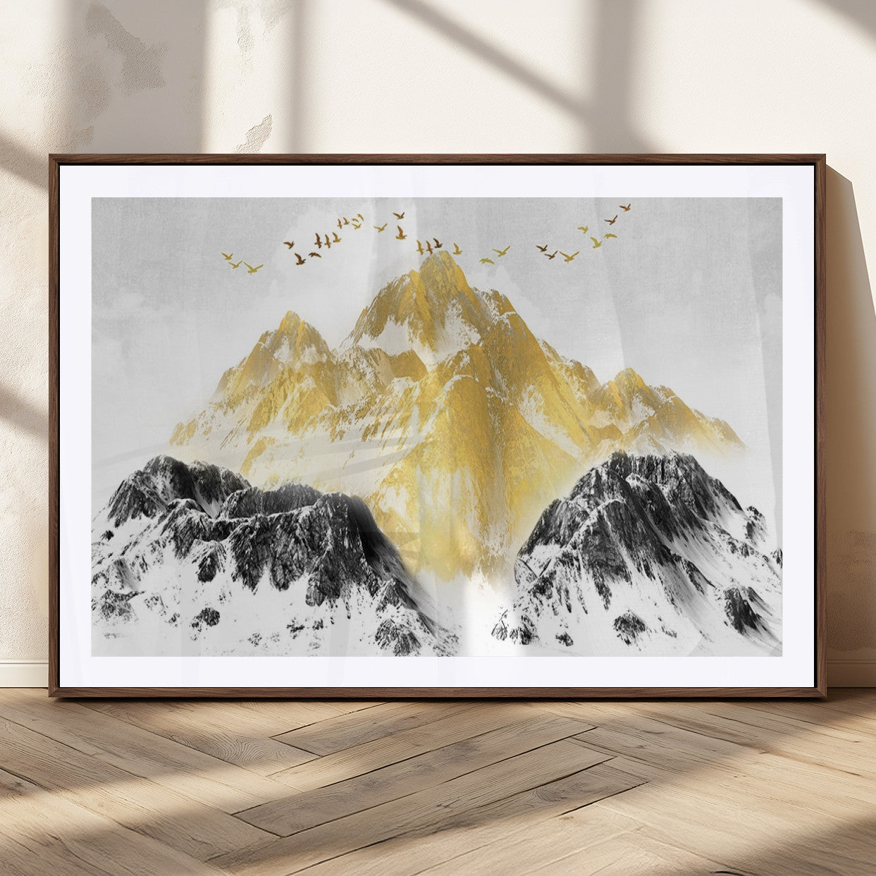 37733-MGC-FP-36x24_Walnut-Golden Mountain Wall Art – Modern Abstract Landscape Canvas Print with Birds, Luxury Nature Decor for Living Room, Bedroom, or