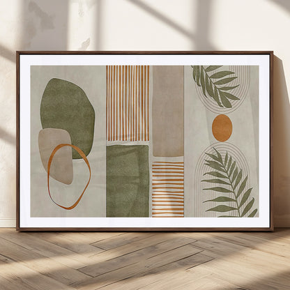 96002-MGC-FP-36x24_Walnut-Abstract Geometric Wall Art – Modern Canvas Print with Green, Orange & Beige Shapes, Minimalist Home Decor for Living Room, Office