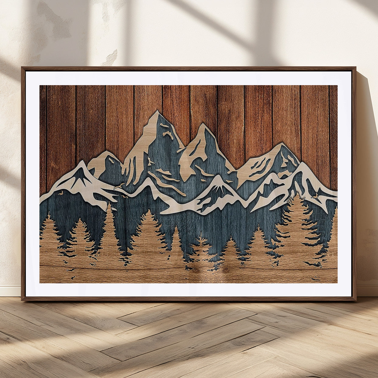 41330-MGC-FP-36x24_Walnut-Rustic Mountain Wall Art – Wooden Nature Scene with Trees and Peaks, Handmade 3D Layered Decor for Living Room, Cabin or Office