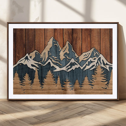 41330-MGC-FP-36x24_Walnut-Rustic Mountain Wall Art – Wooden Nature Scene with Trees and Peaks, Handmade 3D Layered Decor for Living Room, Cabin or Office