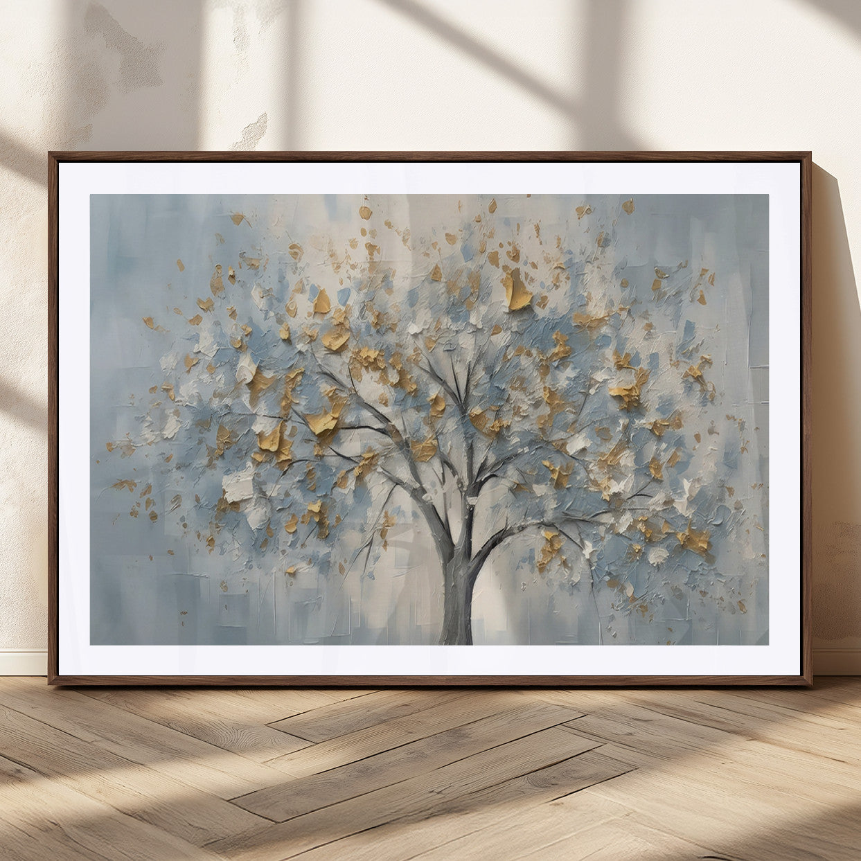 65811-MGV-CV-36X24-Abstract Tree Wall Art – Textured Canvas Painting with Gold and White Leaves, Modern Nature Inspired Decor for Living Room or