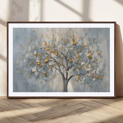 65811-MGV-CV-36X24-Abstract Tree Wall Art – Textured Canvas Painting with Gold and White Leaves, Modern Nature Inspired Decor for Living Room or