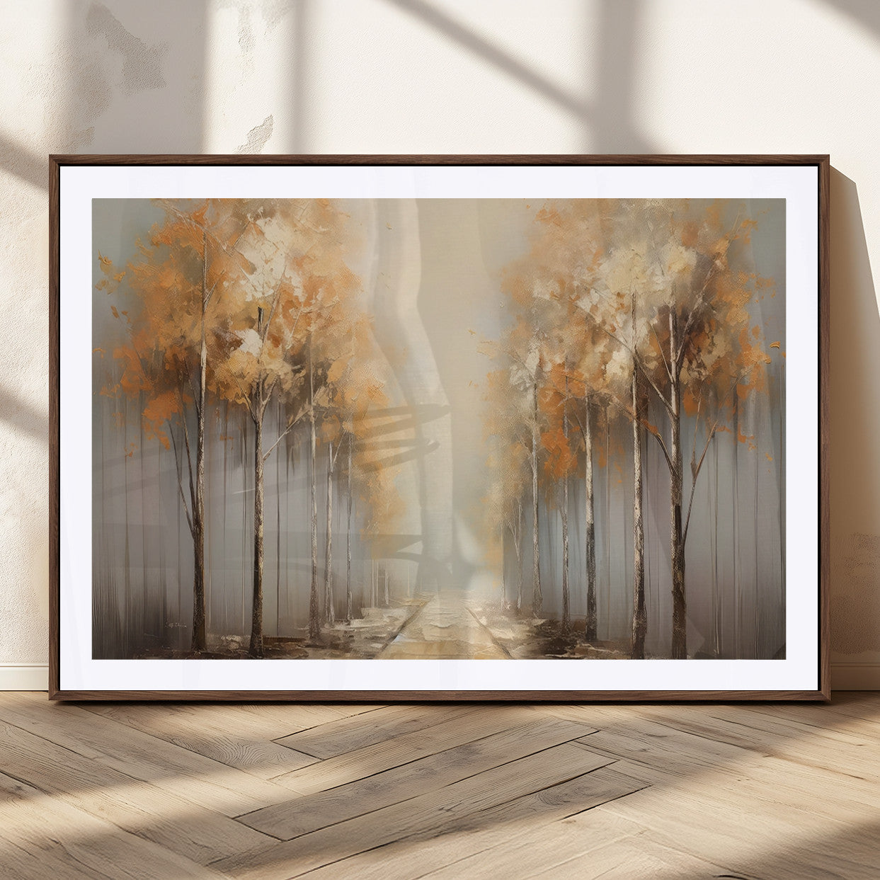 95004-MGC-FP-36x24_Walnut-Autumn Forest Path Wall Art – Hand Painted Canvas Print with Golden Trees, Modern Nature Landscape Decor for Living Room, Bedroom
