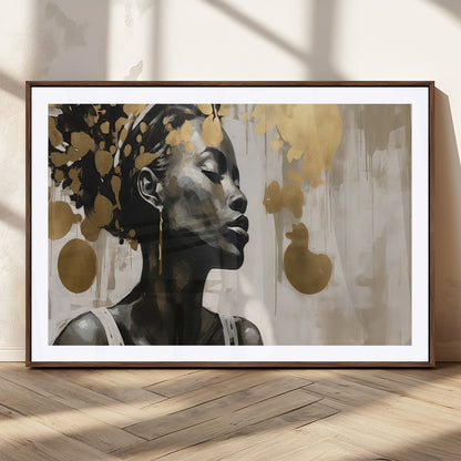65669-MGC-FP-36x24_Walnut-Elegant Black Woman Wall Art – Modern Abstract Portrait Canvas with Gold Accents, Contemporary Afrocentric Decor for Living Room