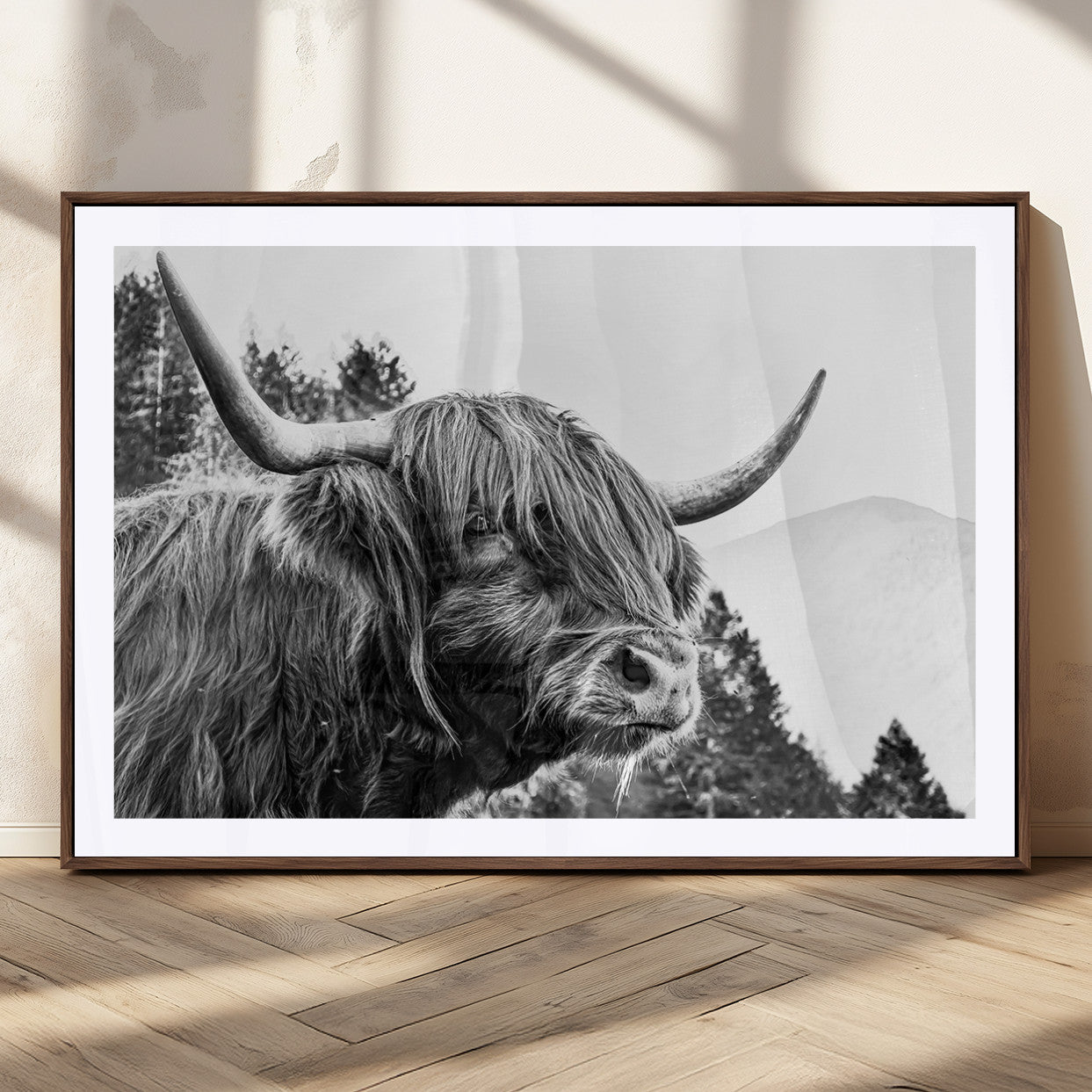 61570-MGC-FP-36x24_Walnut-Highland Cow Wall Art – Black and White Scottish Bull Canvas Print, Rustic Farmhouse Animal Decor for Living Room, Bedroom, or