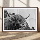 61570-MGC-FP-36x24_Walnut-Highland Cow Wall Art – Black and White Scottish Bull Canvas Print, Rustic Farmhouse Animal Decor for Living Room, Bedroom, or