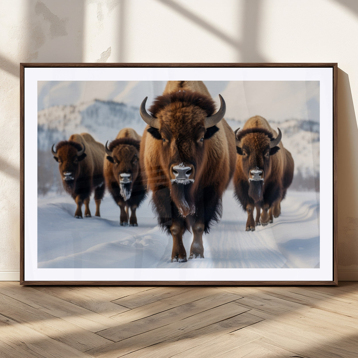 56701-MGC-FP-36x24_Walnut-Bison Herd Wall Art – Buffalo Walking in Snowy Mountains Canvas Print, Rustic Wildlife Decor for Cabin, Lodge, or Living Room