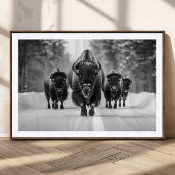 45287-MGC-FP-36x24_Walnut-Bison Herd Wall Art – Black and White Buffalo Snow Road Canvas Print, Rustic Wildlife Decor for Cabin, Lodge or Living Room